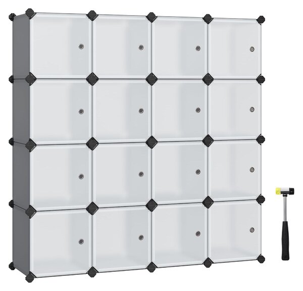 Sistema di scaffalature modulari, composto da 16 cubi, in plastica, con ante, dimensioni 153x31x153 cm
