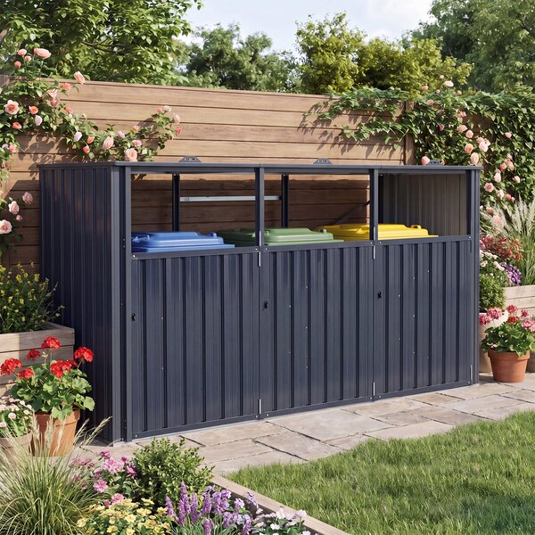 Costway Contenitore rifiuti zincato 3 scomparti porte bloccabili e coperchi apribili, Capanno attrezzi giardino 238x79,5x122 cm