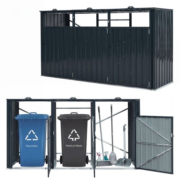 Costway Contenitore rifiuti zincato 3 scomparti porte bloccabili e coperchi apribili, Capanno attrezzi giardino 238x79,5x122 cm