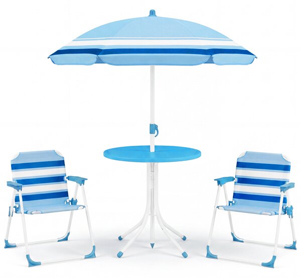 Costway Set tavolo e sedie da giardino per bambini con ombrellone regolabile in altezza, Set da esterno per bambini 4 pezzi Blu
