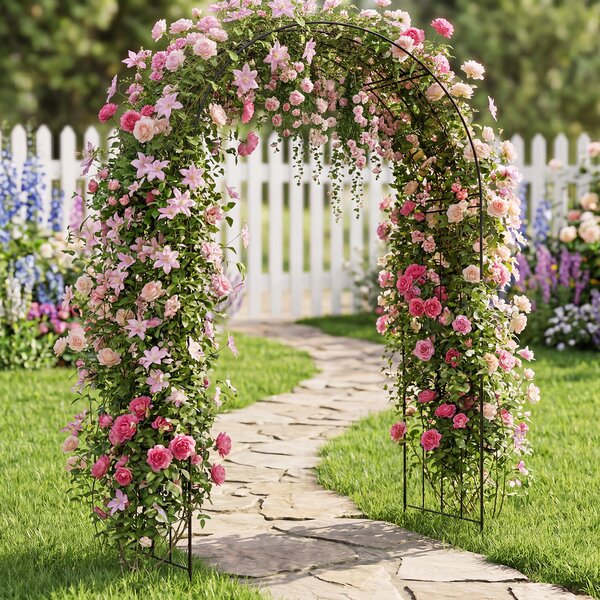 Costway Arco per rampicanti da giardino robusta struttura in metallo, L'arco da giardino elegante motivo floreale decorazione per festa e matrimonio