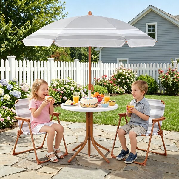 Costway Set tavolo e sedie da giardino per bambini con ombrellone regolabile in altezza, Set da esterno per bambini 4 pezzi Marrone