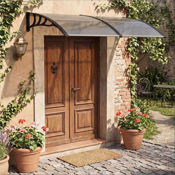 Costway Pensilina tettoia per porta ingresso policarbonato trasparente, Tettoia da esterno barra in alluminio rinforzata Grigio chiaro