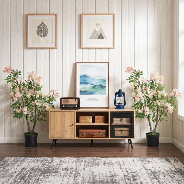 Costway Albero artificiale fiori impatiens seta 90 cm multiramo vaso cemento, Pianta finta interno esterno ufficio casa negozio 2 Pezzi