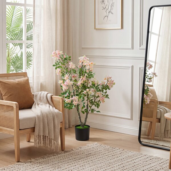 Costway Albero artificiale fiori impatiens seta 90 cm multiramo vaso cemento, Pianta finta interno esterno ufficio casa negozio 1 Pezzo