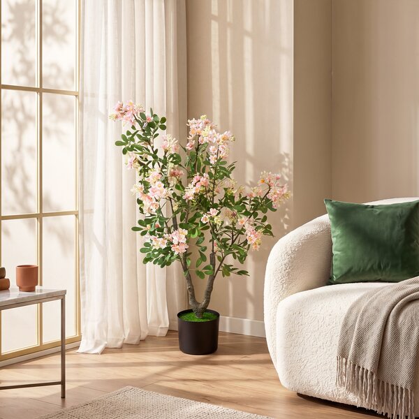 Costway Albero artificiale fiori impatiens seta 90 cm multiramo vaso cemento, Pianta finta interno esterno ufficio casa negozio 1 Pezzo