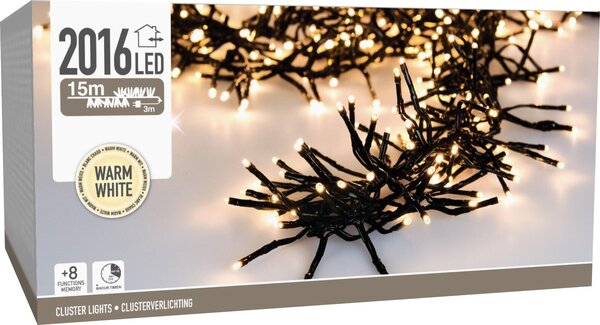 Catena luminosa a LED, 2016 LED, luce bianco caldo, 230 V~, colore nero, adatta per interni ed esterni, lunghezza 18 metri, con timer