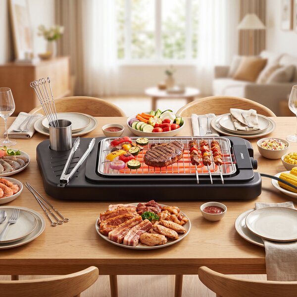 Costway Griglia elettrica da 2000w 2 in 1 barbecue elettrico con supporto piano appoggio doppia piastra e temperatura regolabile, Griglia da tavolo per interno ed esterno