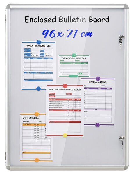 Costway Bacheca magnetica esterna con lavagna e pannello PET, Bacheca da parete alluminio e chiave ufficio condominio aziendale Bianco+Argento 96 x 71 x 3,2 cm