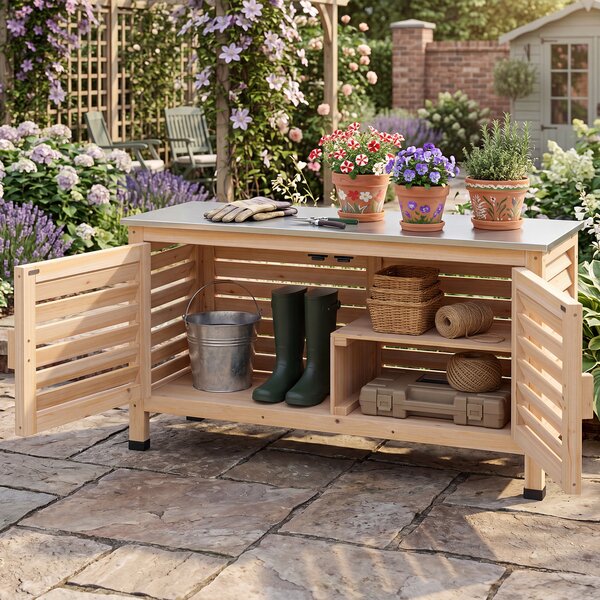 Costway Armadietto da giardino legno di abete con piano in acciaio inox 2 ante a persiana e ripiano, Armadietto mobile contenitore per uso interno ed esterno