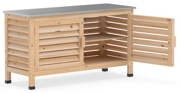 Costway Armadietto da giardino legno di abete con piano in acciaio inox 2 ante a persiana e ripiano, Armadietto mobile contenitore per uso interno ed esterno