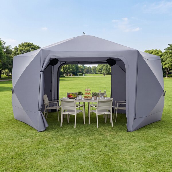 Costway Gazebo da giardino pieghevole pareti laterali a zanzariera 2 finestre rete 2 porte, Tenda esagonale impermeabile per 10-12 persone