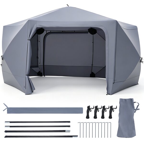 Costway Gazebo da giardino pieghevole pareti laterali a zanzariera 2 finestre rete 2 porte, Tenda esagonale impermeabile per 10-12 persone