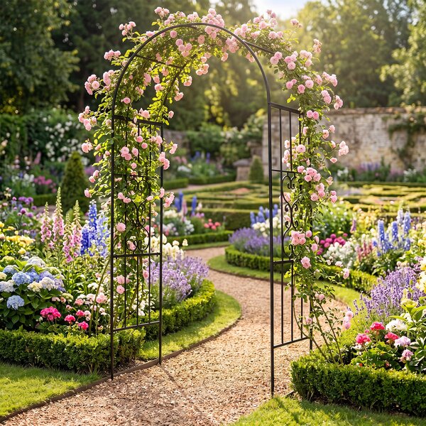 Costway Arco da giardino metallico con tetto curvo e 4 piedi a punta, Traliccio per rampicanti traforato per matrimonio e feste