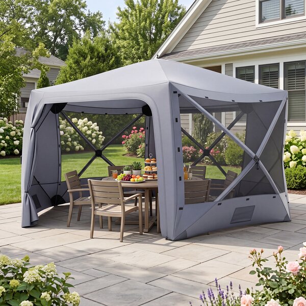 Costway Gazebo da giardino pieghevole pareti laterali a zanzariera 2 finestre rete 2 porte, Tenda esagonale impermeabile per 10-12 persone