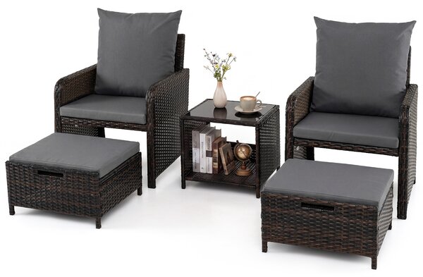 Costway Salotto da esterno 5 pezzi rattan tavolino vetro 2poltrone+2pouf cuscini morbidi, Set giardino terrazzo balcone piscina Grigio