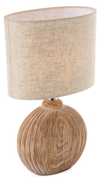Lampada da tavolo con base in Vetroceramica effetto legno e paralume in tessuto di lino beige altezza 39cm