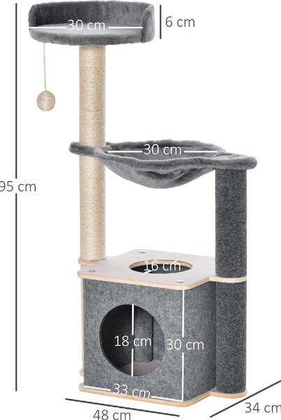 AllMyPets Tiragraffi per Gatti Albero Tiragraffi Multilivello Palestra per Gatti con Casetta Amaca Cuccia e Corde in Sisal 48x34x95cm Grigio - 359e