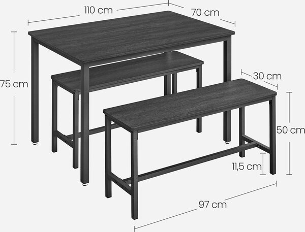 VASAGLE Tavolo da pranzo, set da cucina con 2 panche, set da 3, 110 x 70 x 75 cm, nero cenere-nero inchiostro