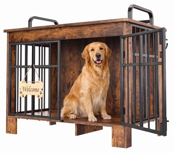 Cuccia per cani in legno con doppia porta, 100 cm, color marrone rustico