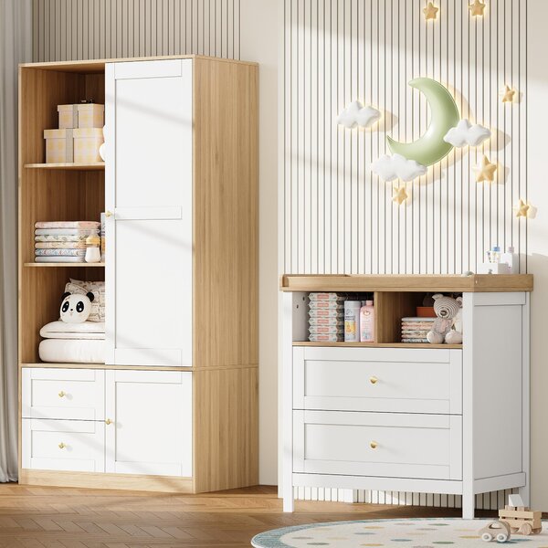 Set di mobili per bambini okwish con 1 armadio e 1 cassettiera fasciatoio; mobili per bambini: armadio con cassetti e ante scorrevoli, fasciatoio con ripiani aperti, bianco