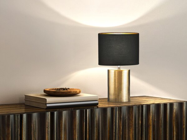 Lampada da tavolo con base in Vetroceramica color bronzo e paralume in tessuto nero interno oro, altezza 43 cm