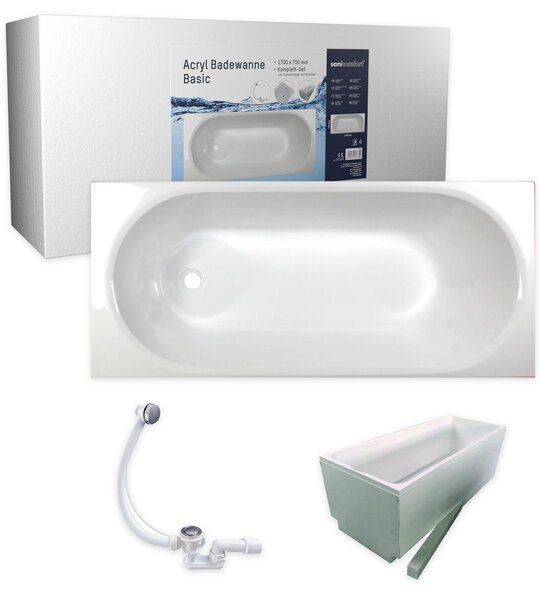 Set completo per vasca da bagno Sanicomfort Basic rettangolare 170x75 cm – Vasca da bagno in acrilico bianca con supporto e gruppo di scarico, isolamento termico e acustico, facile da pulire e robusta