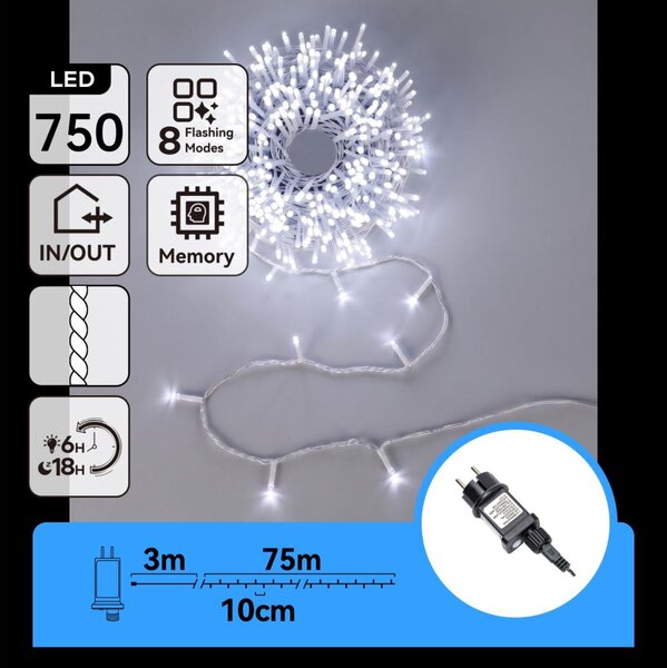 Aigostar - Catena luminosa natalizia LED da esterno 750xLED/8 funzioni 78m IP44 bianco freddo