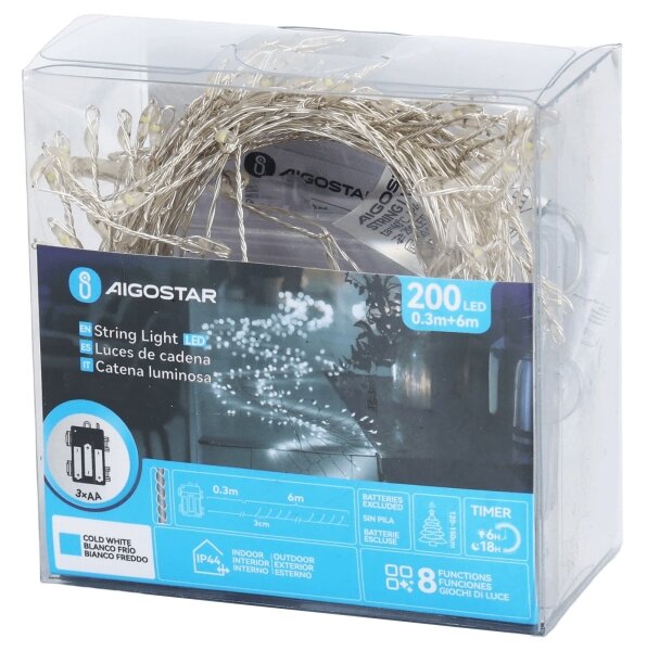 Aigostar-LED Catena luminosa natalizia da esterno 200xLED/8 funzioni 3xAA 6,3m IP44 bianco freddo