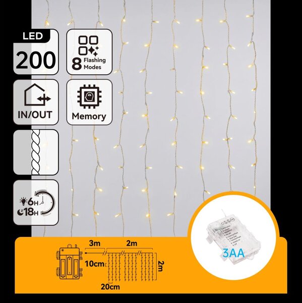 Aigostar - Catena luminosa natalizia da esterno a LED 200 LED/8 funzioni 3xAA 5x2m IP44 bianco caldo