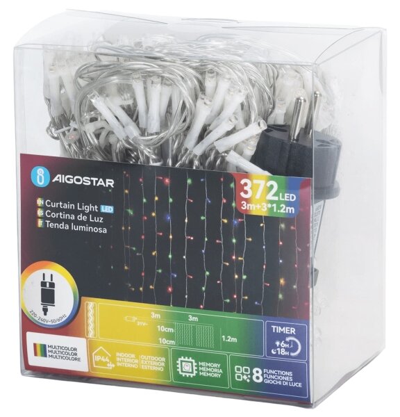Aigostar - Catena luminosa natalizia LED da esterno 372xLED/8 funzioni 6x1,2m IP44 multicolore