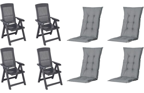 Set di 4 poltrone pieghevoli Progarden modello Tampa, con cuscino, colore antracite/grigio