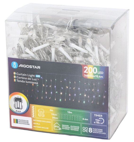 Aigostar - LED catena natalizia da esterno 200xLED/8 funzioni 3xAA 13x0,4m IP44 multicolore