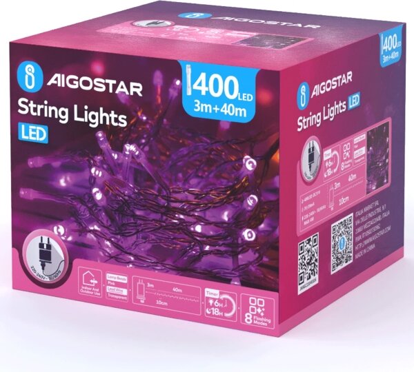 Aigostar - Catena luminosa natalizia LED per esterni 400xLED/8 funzioni 43m IP44 rosa