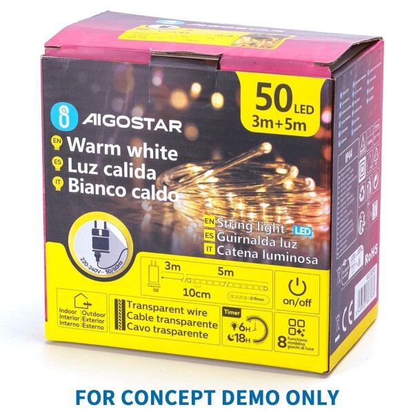 Aigostar - Catena luminosa natalizia da esterno a LED 200 LED/8 funzioni 3xAA 5x2m IP44 bianco caldo