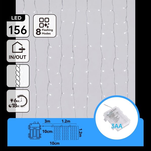 Aigostar-LED Catena luminosa natalizia per esterni 156 LED/8 funzioni 3xAA 4,2x1,2m IP44 bianco freddo