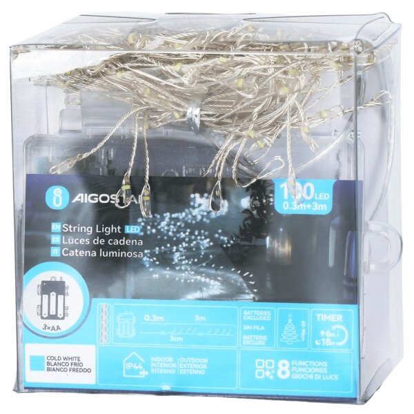 Aigostar-LED Catena luminosa natalizia da esterno 100xLED/8 funzioni 3xAA 3,3m IP44 bianco freddo