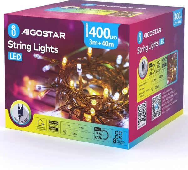 Aigostar - Catena luminosa LED da esterno per Natale 400xLED/8 funzioni 43m IP44 bianco caldo/freddo