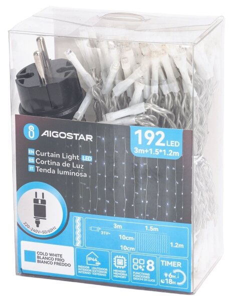 Aigostar-LED Catena luminosa natalizia da esterno 192xLED/8 funzioni 4,5x1,2m IP44 bianco freddo