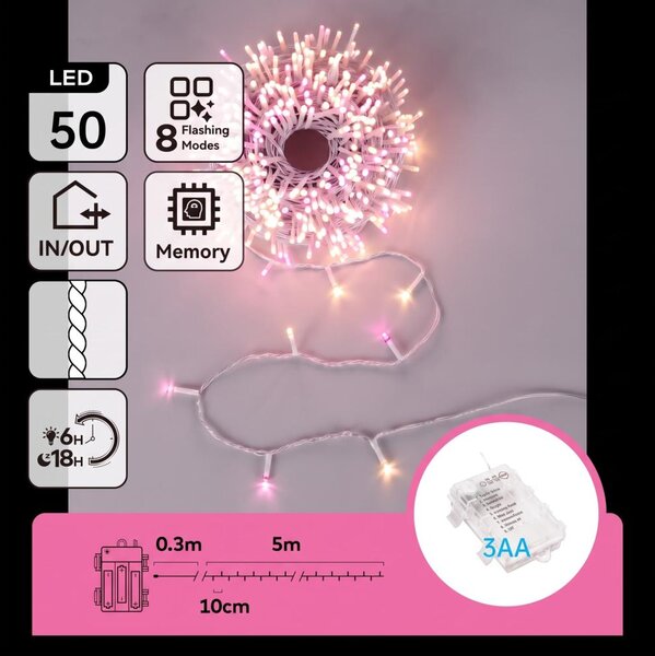 Aigostar-LED Catena luminosa natalizia per esterni 50 LED/8 funzioni 3xAA 5,3m IP44 rosa/bianco caldo