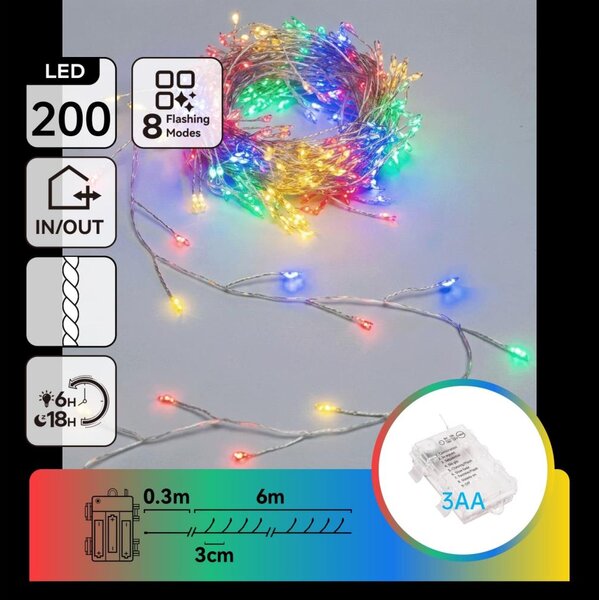 Aigostar - Catena luminosa natalizia a LED per esterni 200 LED/8 funzioni 3xAA 6,3m IP44 multicolore