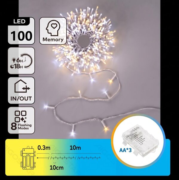 Aigostar - Catena luminosa natalizia LED da esterno 100xLED/8 funzioni 3xAA 10,3m IP44 calda/fredda