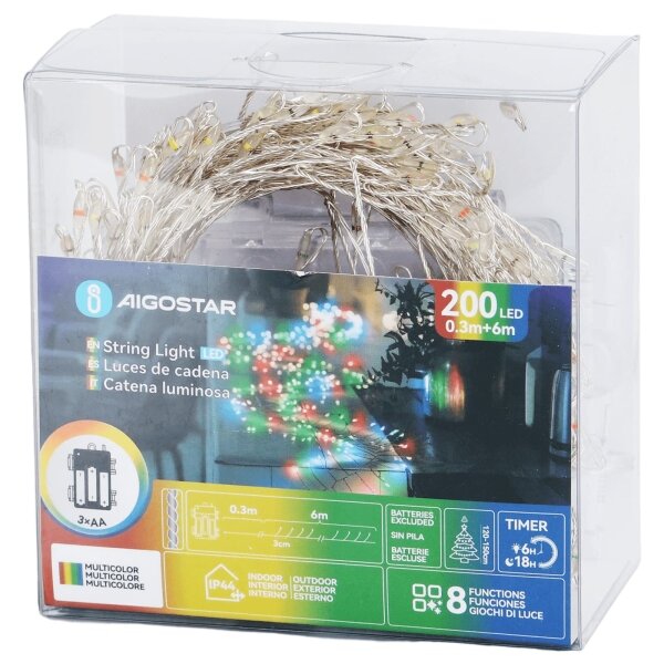 Aigostar - Catena luminosa natalizia a LED per esterni 200 LED/8 funzioni 3xAA 6,3m IP44 multicolore