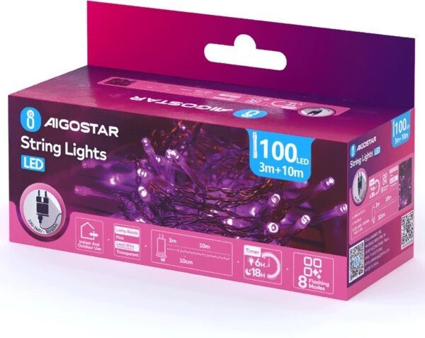Aigostar - Catena luminosa natalizia da esterno con 100 LED, 8 funzioni, 13 m, IP44, rosa