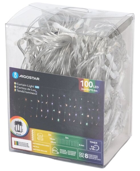 Aigostar-LED Catena luminosa di Natale per esterni 100xLED/8 funzioni 3xAA 8x0,4m IP44 multicolore