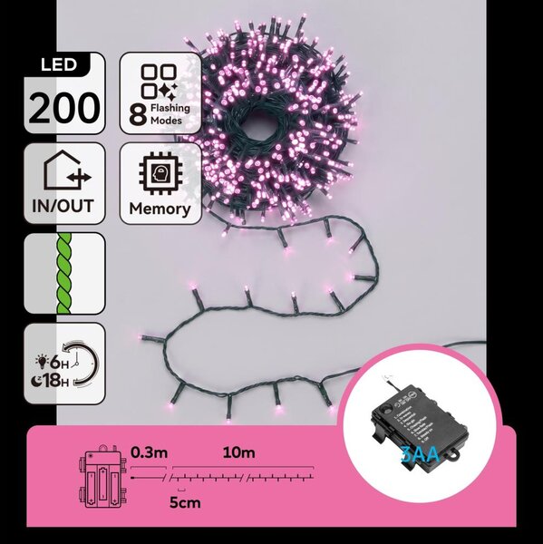 Aigostar - Catena luminosa natalizia a LED per esterni 200xLED/8 funzioni 3xAA 10,3m IP44 rosa