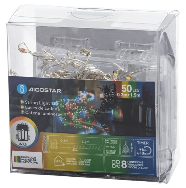 Aigostar - Catena luminosa natalizia per esterni 50 LED/8 funzioni 3xAA 1,8m IP44 multicolore