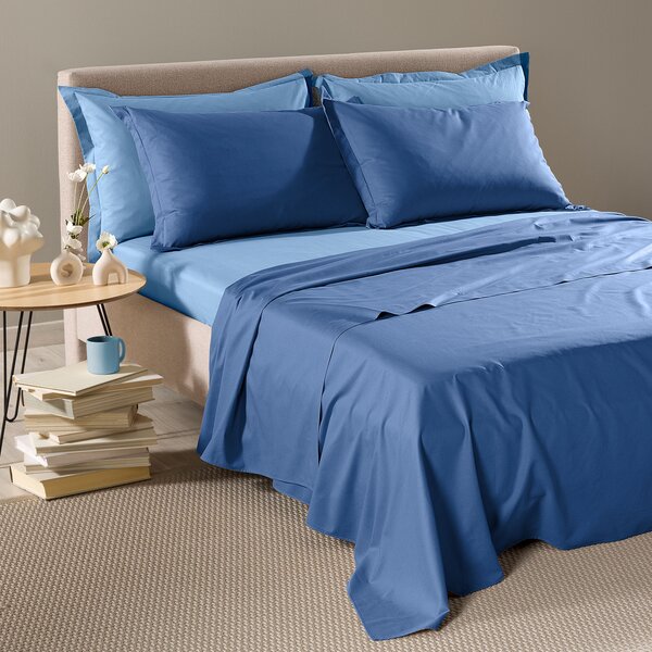 Completo Lenzuola In Cotone Vita Double Singolo Primanatura Tinta Unita Blu Caleffi
