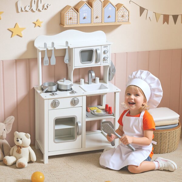 AIYAPLAY Cucina giocattolo in legno con suono accessori lavello e microonde per bambini a partire dai 3 anni bianco | Aosom Italy