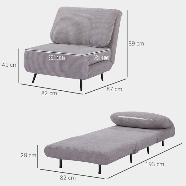 HOMCOM Poltrona Letto Singola 2 in 1 con Schienale Regolabile su 3 Livelli, in Legno e Acciaio, Grigio Chiaro | Aosom Italy